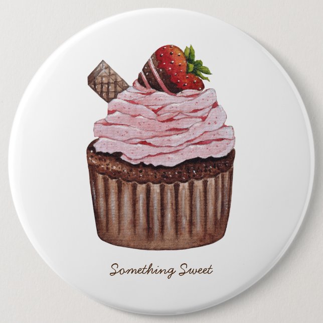 Cute Strawberry Cupcake  In Watercolor  6 Inch Round Button (Front)