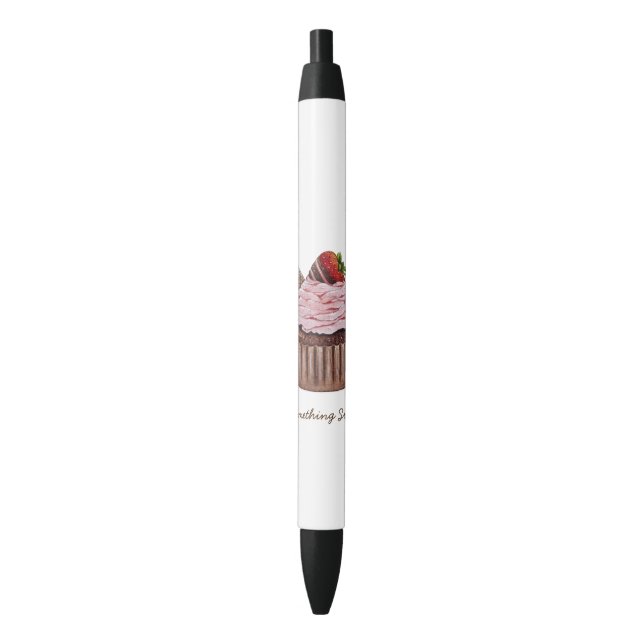 Cute Strawberry Cupcake In Watercolor Black Ink Pen (Front Vertical)