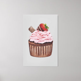 Cute Strawberry Cupcake  In Watercolor   Canvas Print