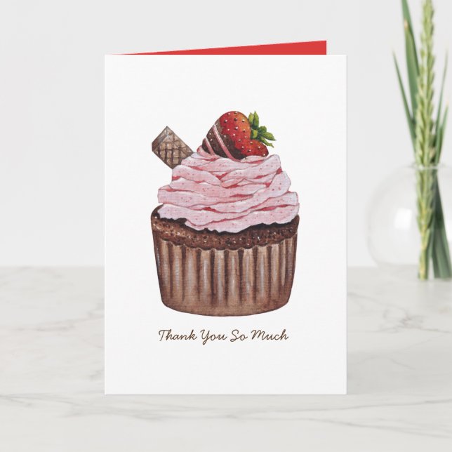 Cute Strawberry Cupcake  In Watercolor  Card (Front)