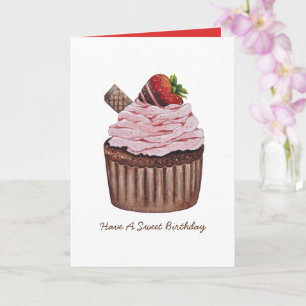 Cute Strawberry Cupcake  In Watercolor  Card