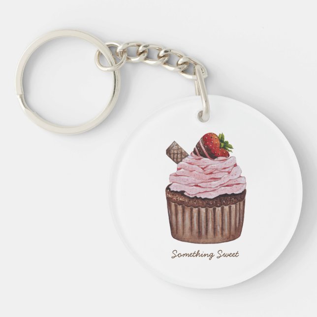 Cute Strawberry Cupcake  In Watercolor  Keychain (Front)