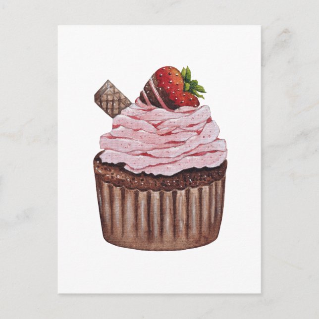 Cute Strawberry Cupcake  In Watercolor  Postcard (Front)