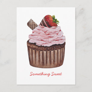 Cute Strawberry Cupcake  In Watercolor   Postcard