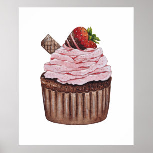 Cute Strawberry Cupcake  In Watercolor  Poster