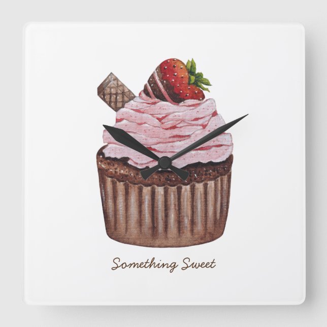 Cute Strawberry Cupcake  In Watercolor  Square Wall Clock (Front)