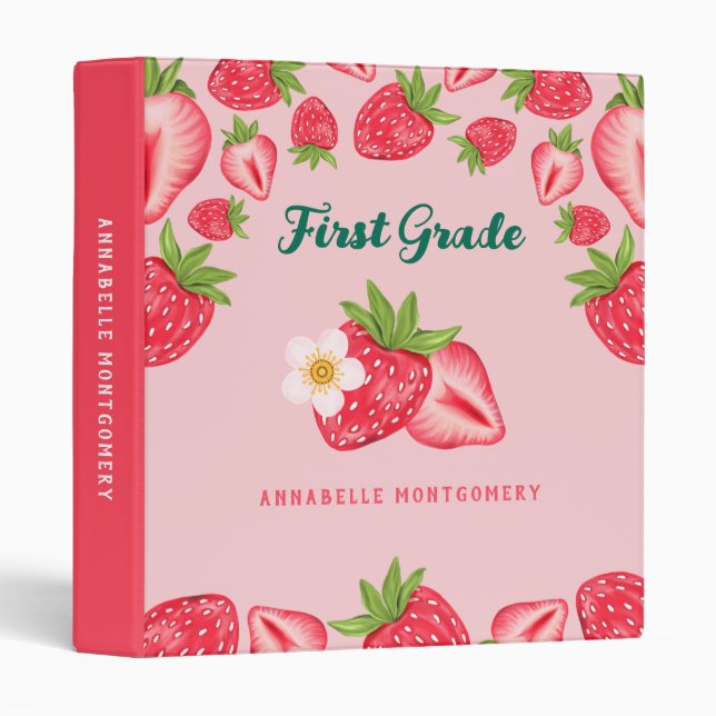 Cute Strawberry Custom Name Pink Kids Grade School Binder (Front/Spine)