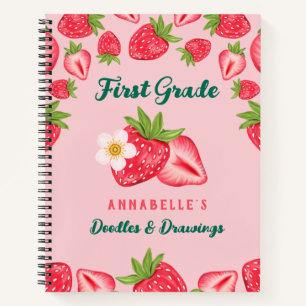 Cute Strawberry Custom Name Pink Kids Grade School Notebook