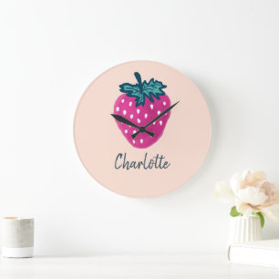 Cute Strawberry Fruit Custom Name  Large Clock