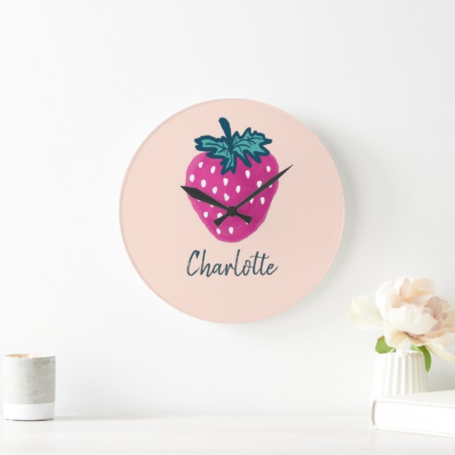 Cute Strawberry Fruit Custom Name  Large Clock (Home)