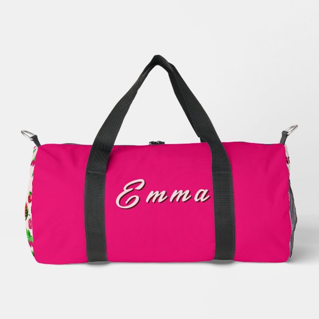 Cute Strawberry Fruit Pattern Custom Name Duffle Bag (Front)