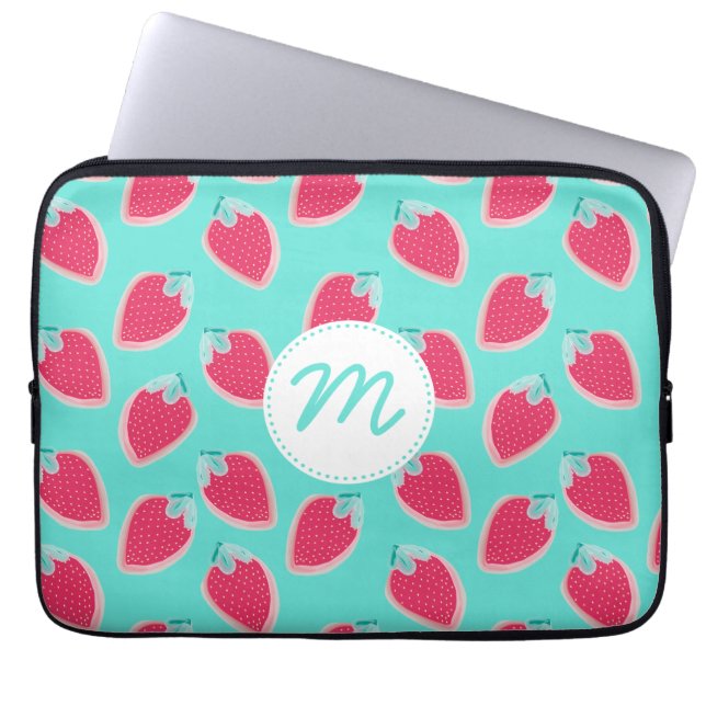 Cute Strawberry Fruit Pattern & Monogram Laptop Sleeve (Front)