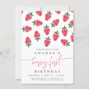 Cute Strawberry Girl Berry First Birthday Party  Invitation