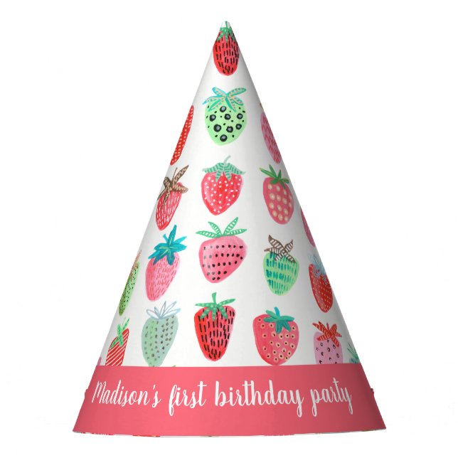 Cute Strawberry Girl First Birthday pink Party Hat (Front)