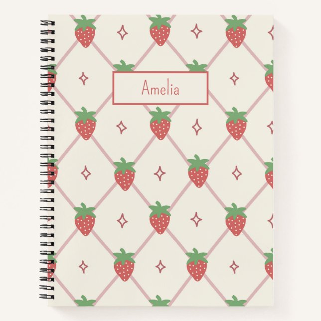 Cute Strawberry Grid Personalized Name Notebook (Front)