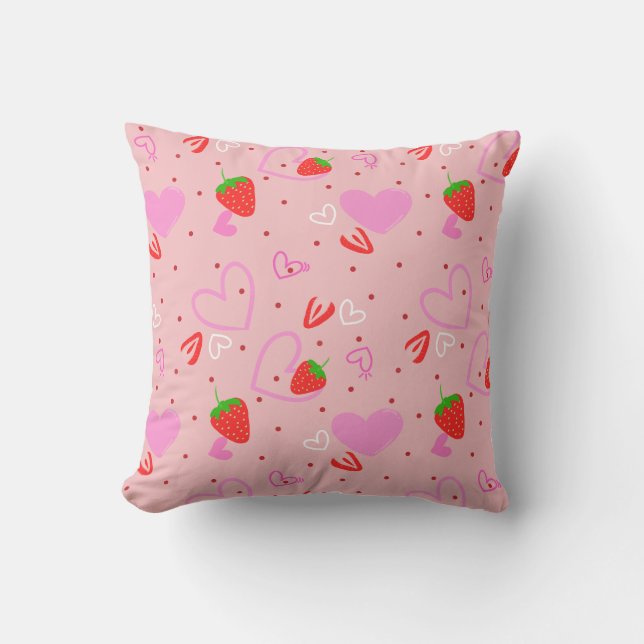 Cute Strawberry & Hearts Seamless Pattern Throw Pillow (Front)