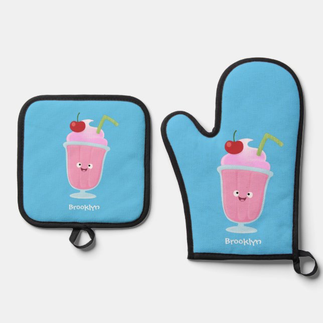 Cute strawberry ice cream sundae cartoon oven mitt & pot holder set (Front)