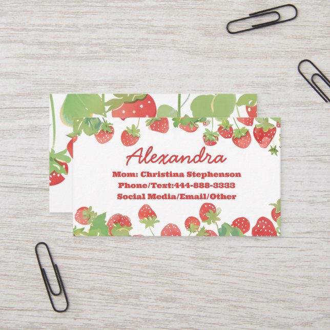 Cute Strawberry Kids Girls Name Play Date Calling Business Card (Front/Back In Situ)