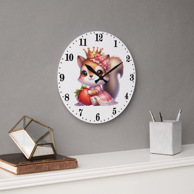 Cute strawberry lovers squirrel  large clock (Office)