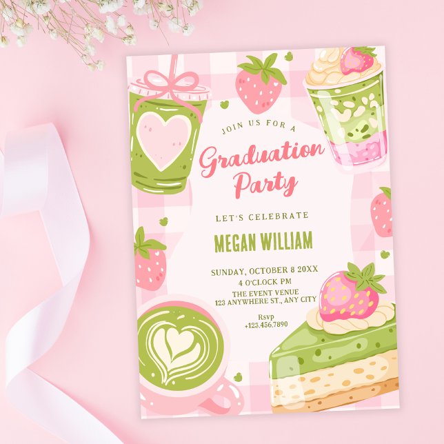 Cute strawberry matcha sweet graduation invitation (Creator Uploaded)