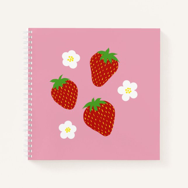 Cute Strawberry Pattern on Pink Background Notebook (Front)