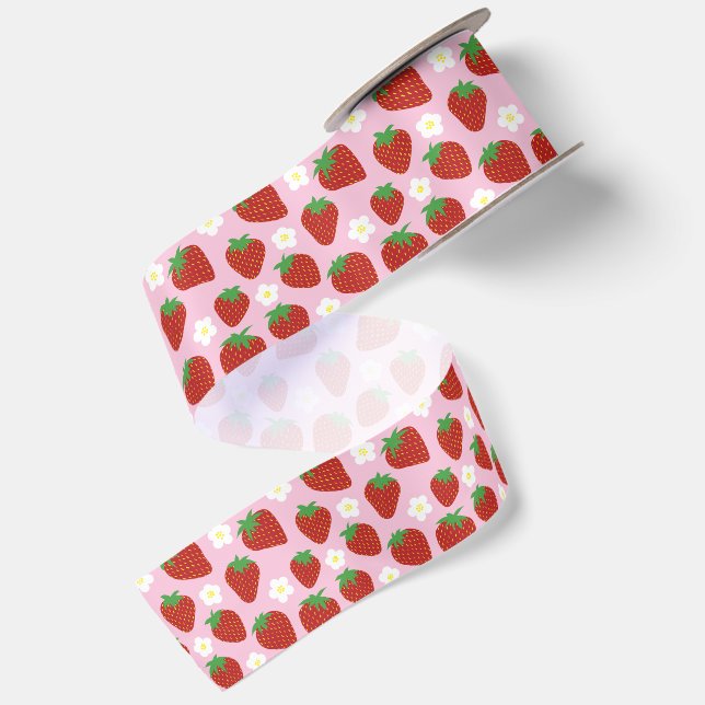 Cute Strawberry Pattern on Pink Background Satin Ribbon (Front+Back)