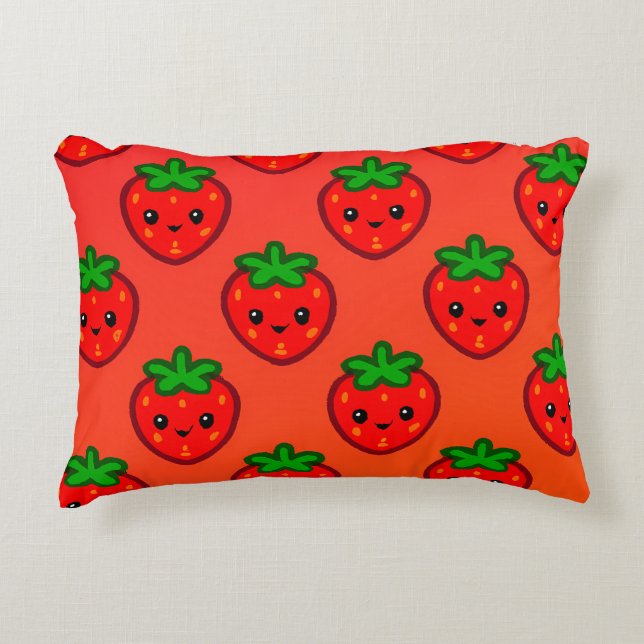 Cute Strawberry Pattern with Smiling Faces on Grad Accent Pillow (Front)