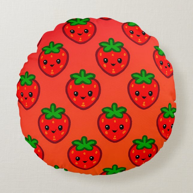 Cute Strawberry Pattern with Smiling Faces on Grad Round Pillow (Front)