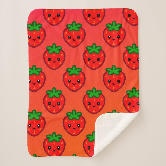 Cute Strawberry Pattern with Smiling Faces on Grad Sherpa Blanket (Front)