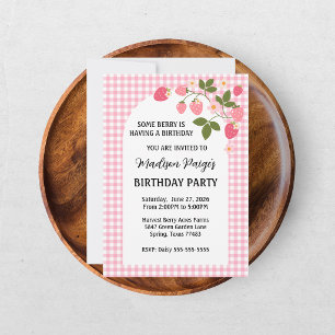 Cute Strawberry Pink Gingham Girls Birthday  Invitation