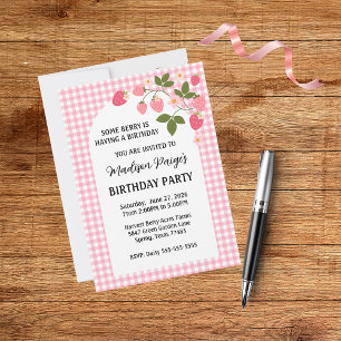 Cute Strawberry Pink Gingham Girls Birthday  Invitation