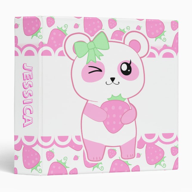 Cute Strawberry pink Kawaii Panda bear Binder (Front/Spine)
