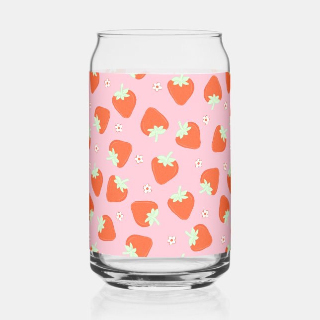 Cute Strawberry Pink Pattern Can Glass (Front)