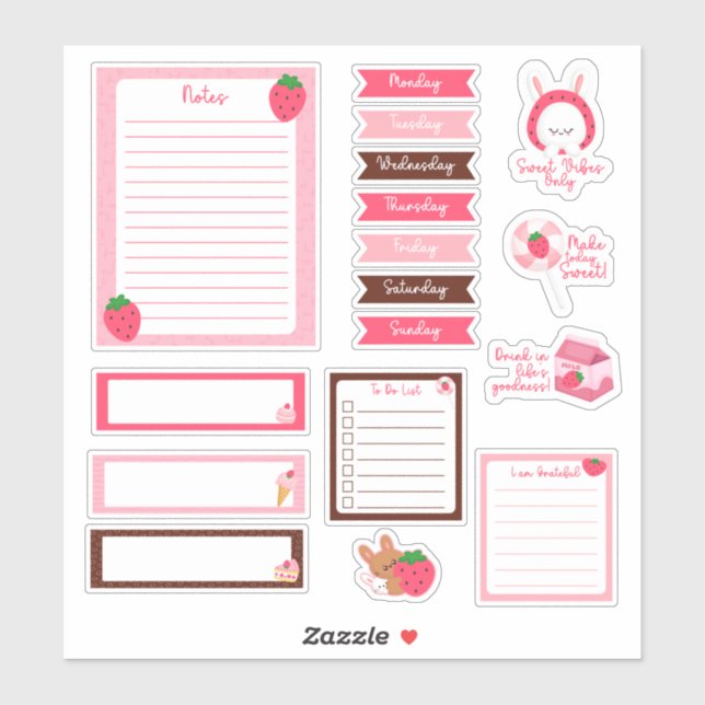 Cute Strawberry Planner Stickers (Sheet)