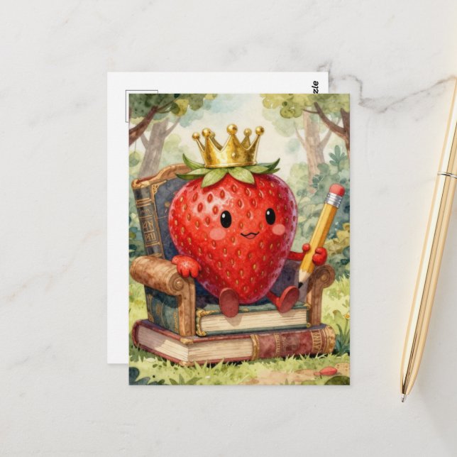 Cute Strawberry Royalty on a Book Throne Postcard (Front/Back In Situ)