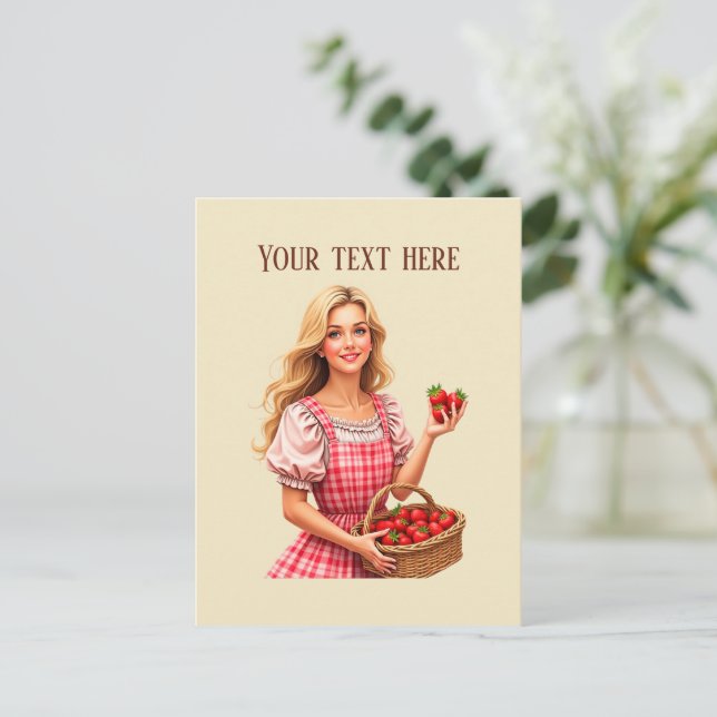Cute strawberry vendors customizable postcard (Standing Front)