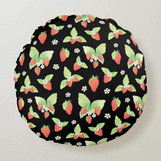 Cute Strawberry Watercolor Botanical Pattern Round Pillow (Front)