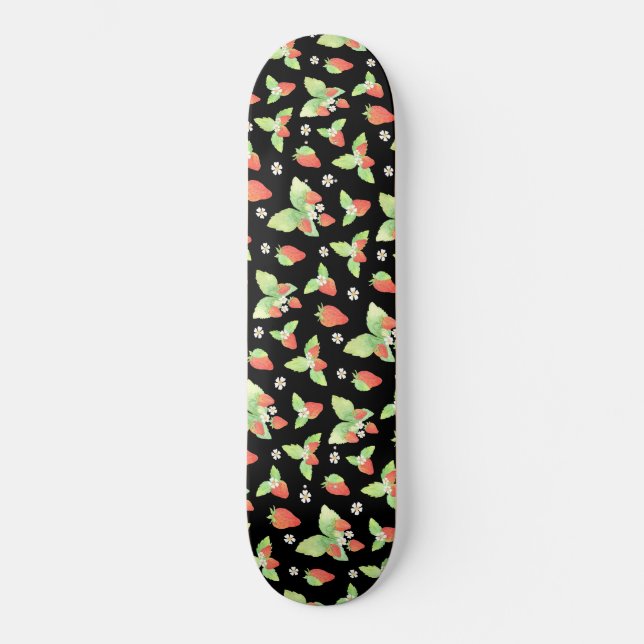 Cute Strawberry Watercolor Botanical Pattern Skateboard (Front)