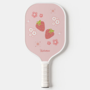Cute Strawberry with Flowers. Pickleball Paddle