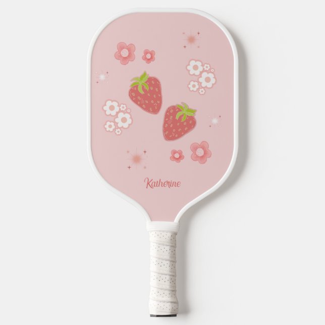 Cute Strawberry with Flowers.  Pickleball Paddle (Front)