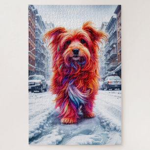 Cute stray dog lost in snowy white city road jigsaw puzzle