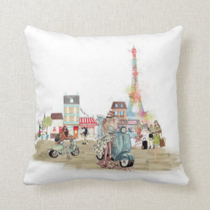 Cute Streets of Paris collage sketch Throw Pillow