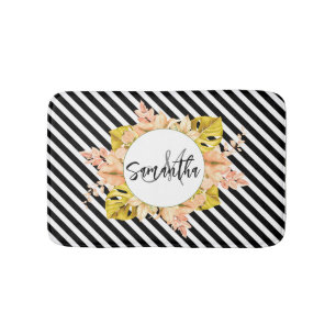 Cute Stripes and Floral Monogram Bath Mat