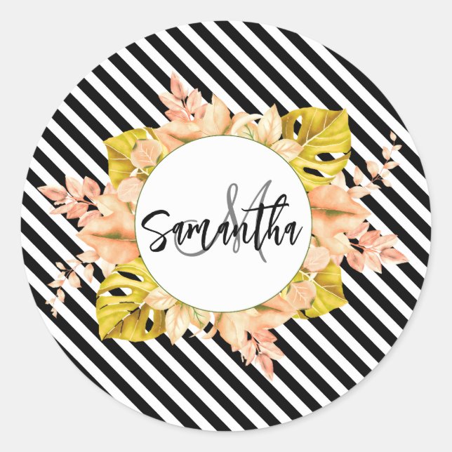 Cute Stripes and Floral Monogram Classic Round Sticker (Front)