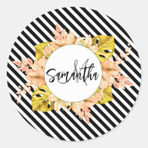 Cute Stripes and Floral Monogram Classic Round Sticker