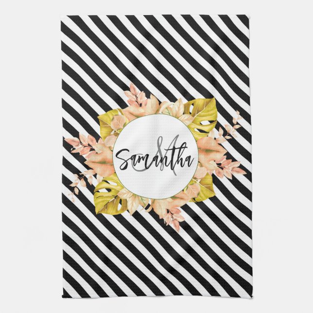 Cute Stripes and Floral Monogram Kitchen Towel (Vertical)