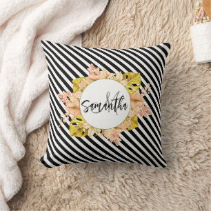 Cute Stripes and Floral Monogram Throw Pillow