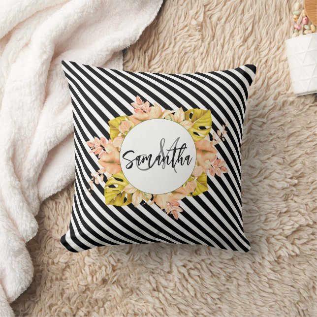Cute Stripes and Floral Monogram Throw Pillow (Blanket)