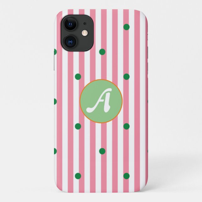 Cute stripes pattern monogrammed pink green dots   Case-Mate iPhone case (Back)