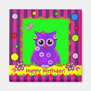 Cute stripes, polka dots, owl, Birthday magnet